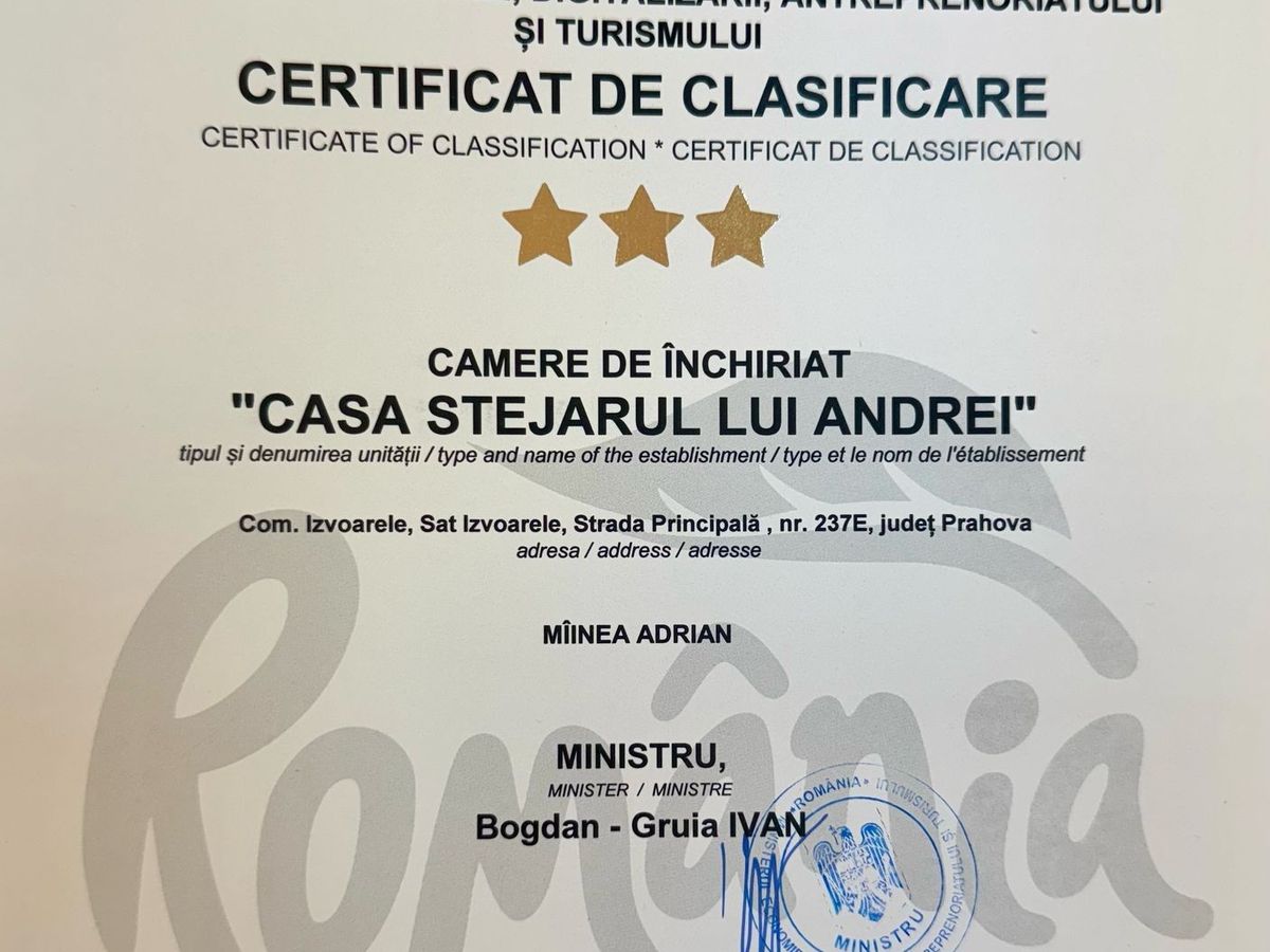 Certificatul de clasificare de trei stele al Casei Stejarul lui Andrei